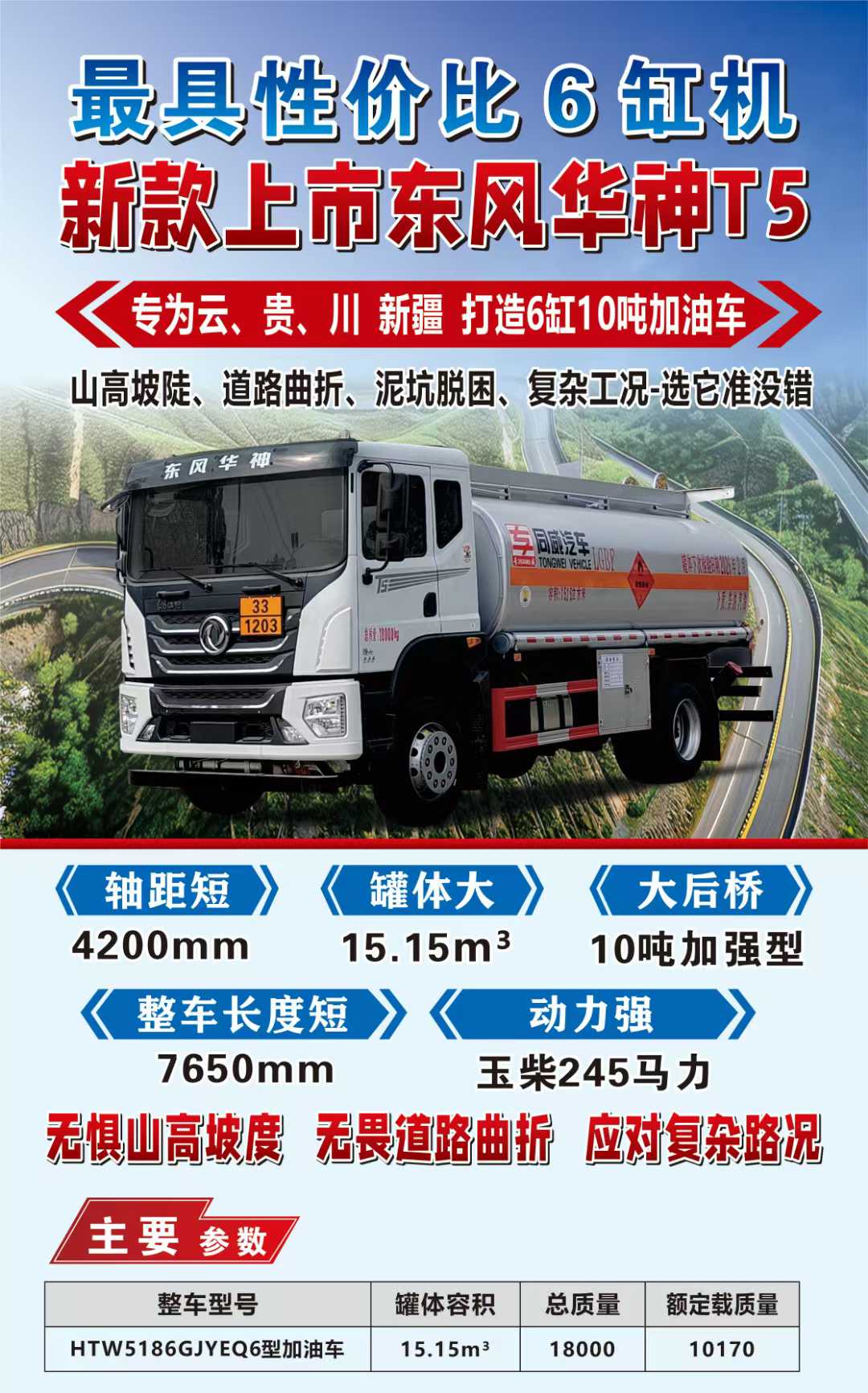 六缸机 10吨加油车 最具性价比车型-东风华神T5玉柴6缸245马力。专为云、贵、川、渝而生